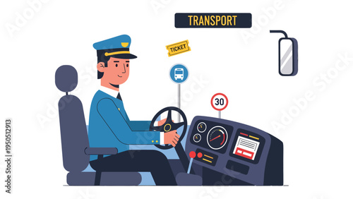 Bus Driver at the Wheel: Illustration of a bus driver focused on his task, skillfully maneuvering the vehicle, while various details about his job are on display