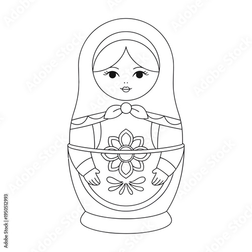 Traditional matryoshka russian nesting doll with floral design black and white line art illustration isolated on white background cultural heritage simplicity minimalism folk art hand drawn style