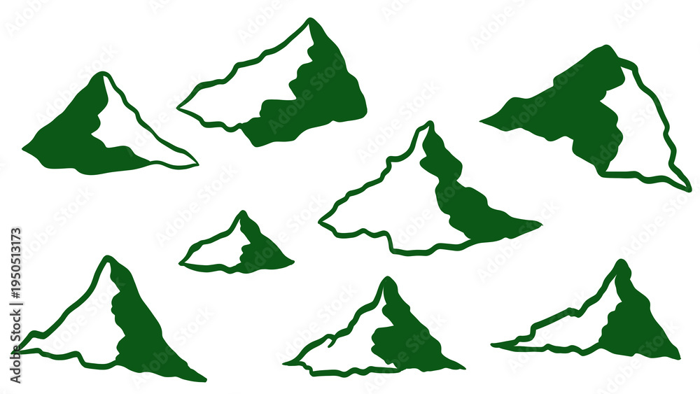 Obraz premium Green and White Mountain Range Vector Illustration, Isolated Peaks, Cartoon Style, Simple Design, Nature Landscape, Transparent Background