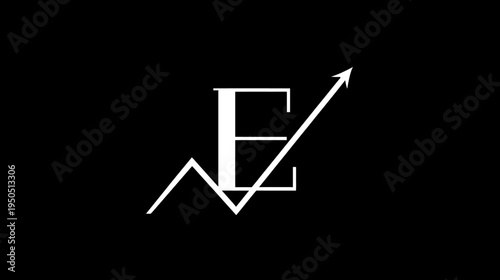 Stylized letter E with rising arrow graph on black background, representing business growth, financial success, and progress.