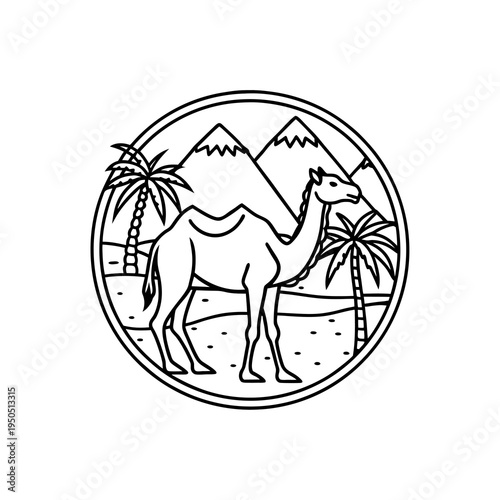 Black and white line art illustration of a camel in a desert landscape with palm trees and mountains, enclosed in a circular frame.