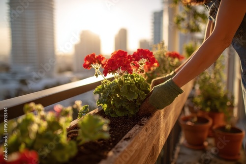 Container gardening on a city balcony with vibrant red geraniums being planted by a gardener