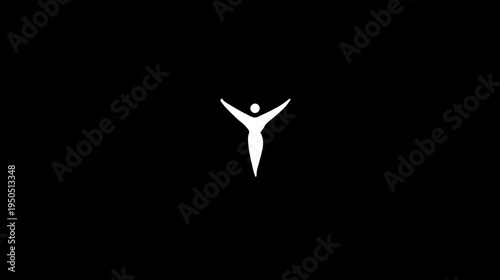 Abstract white human figure silhouette with arms raised in victory, success, freedom, well-being, or celebration on black.