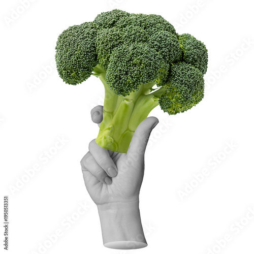 Green broccoli floret held in monochrome fist showing superfood power. Illustration for health blog or fitness lifestyle. Part of series. Minimalist art collage