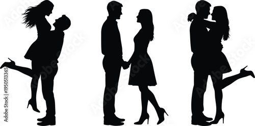 Romantic couple silhouette vector illustration set, love relationship poses, affectionate embrace artwork, black and white romance design, intimate bonding graphic collection