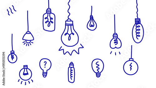 Doodle Style Hand Drawn Light Bulbs Collection Vector Illustration in Blue Color on White Background - Transparent PNG