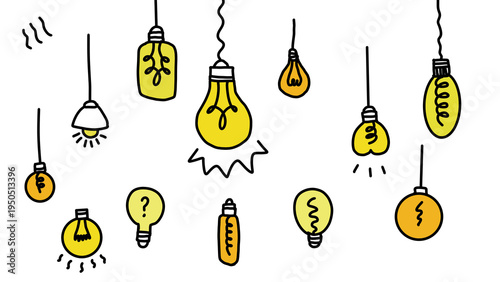 Hand-Drawn Lightbulb Illustrations, Cartoon Style, Idea and Innovation Concept on White Background - Transparent PNG