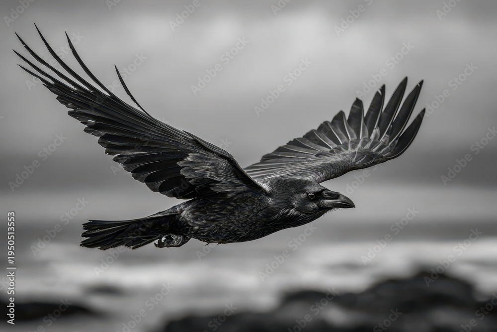 Fototapeta premium Black raven with wings spread against a dramatic seaside backdrop