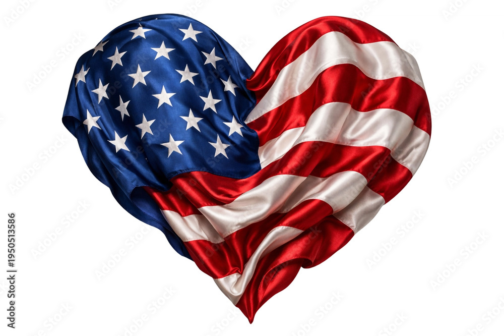 Obraz premium Waving American Flag Shaped Like a Heart Isolated On Transparent Background