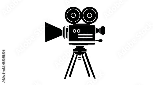 Classic Vintage Movie Camera Silhouette on Tripod - Retro Film Production Icon Vector Illustration