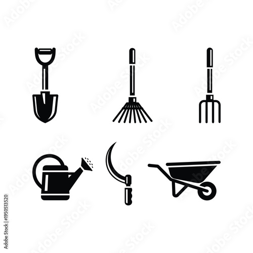 Set of black and white silhouette icons representing various gardening tools