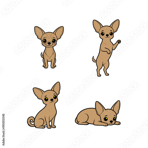 Set of cute chihuahua puppy illustrations in various poses and positions