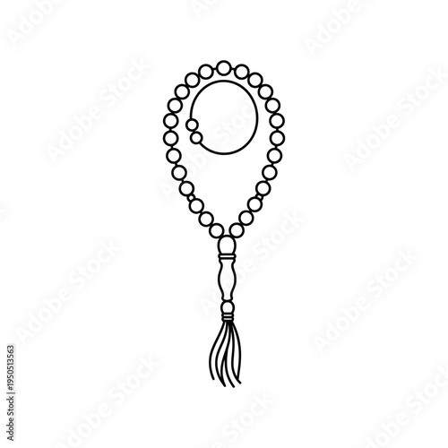Prayer beads with tassel hanging against a plain background featuring circular beads and a decorative end piece minimalist design
