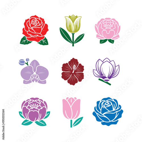 Collection of colorful flat flower icons including rose tulip and hibiscus