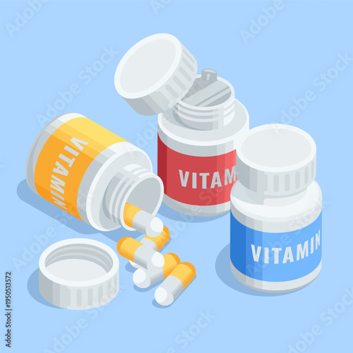 Isometric vector jars with vitamins, in color on a blue background, pharmacology or dietary supplements