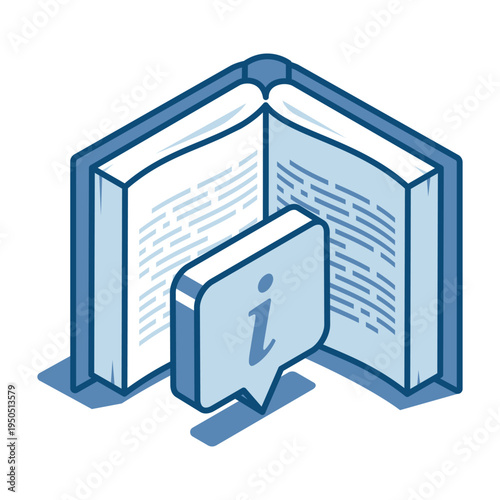 Isometric vector linear icon of open book and text bubble with letter i, in color on white background, user manual or technical information