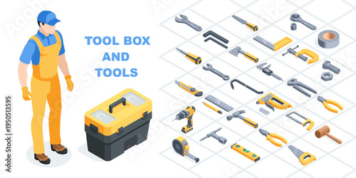 Isometric vector set of toolbox and tools icons, in color on a white background, a working man in overalls