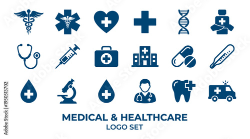 A set of medical and healthcare logos and icons on a white background