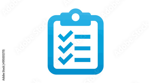 Blue clipboard icon with completed checklist and checkmarks, representing tasks, survey, planning, or project management concept.