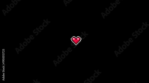 Pixel Art Red Heart Icon. Retro 8-bit Style Health or Love Symbol on Black Background for Digital Gaming UI Element.