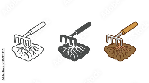 Garden Fork with Soil Clumps in Line Art, Grayscale, and Color
