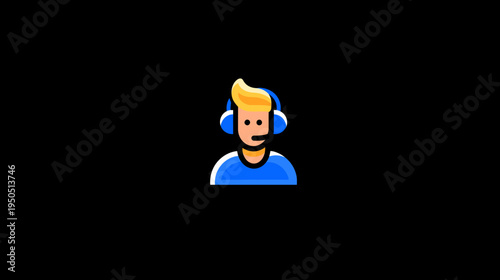 Customer Service Icon. Flat design illustration of a person with a headset & mic, ideal for online support, gaming, or communication.