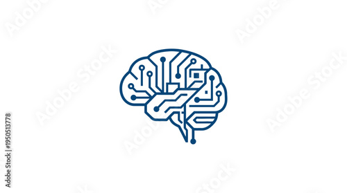 A blue logo of a brain with circuit board lines and text