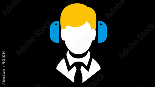 Minimalist illustration of a person with yellow hair wearing blue headphones and a tie. Flat design icon for customer support, audio, music, or education.