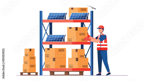 Solar Panel Storage & Distribution: A worker meticulously organizes solar panels and packaged goods in a well-organized warehouse, highlighting the seamless process of renewable energy distribution. 