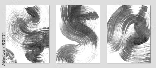 Set of vector abstract backgrounds. Black ink brush strokes, patterns, posters, cover.	