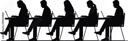 Silhouette of diverse professional office workers sitting at long desk using laptops in modern coworking space, remote team working together