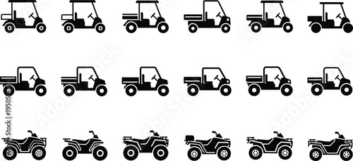 Utility vehicle silhouette vector illustration set, golf cart compact truck ATV designs, black and white transport artwork, recreational automotive graphic collection