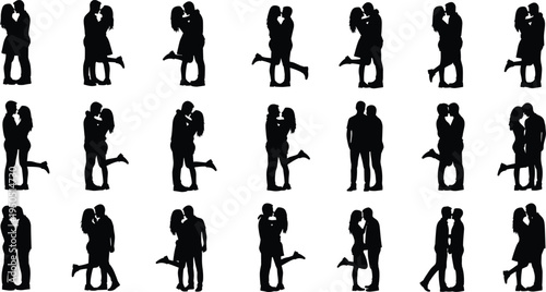 Silhouette of romantic couples kissing and hugging in various poses cad drawing flat vector illustration for architectural visualization and design projects.
