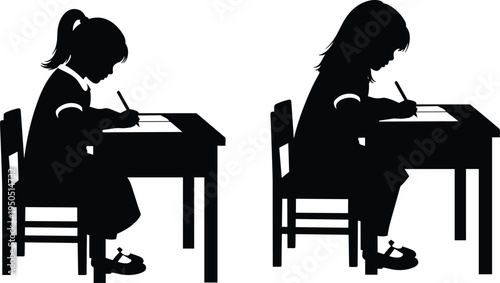 Silhouette of school girls sitting at desk and writing in notebook cad drawing flat vector illustration for architectural visualization and education projects.