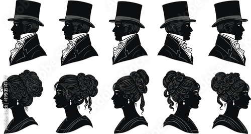 Victorian silhouette portrait illustration set, vintage male female profiles, top hat gentlemen, elegant ladies hairstyles, antique fashion artwork, historical character design vector