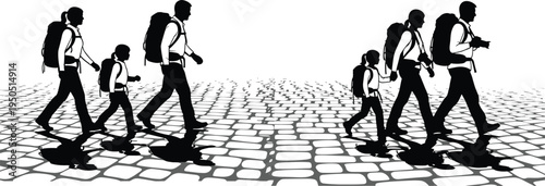 Family hiking silhouettes, travel journey illustration, tourist exploration artwork, outdoor adventure design, scenic path motif, backpacking figure sketch, group walking art