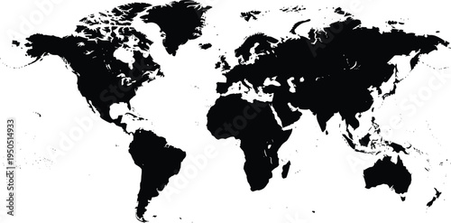 World map silhouette vector illustration, black and white continents outline, minimalist global geography artwork, international earth design, educational atlas, travel concept graphic