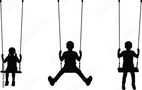 Silhouette of three happy children playing on swings in a row, childhood summer fun outdoors, kids leisure activity on white background.