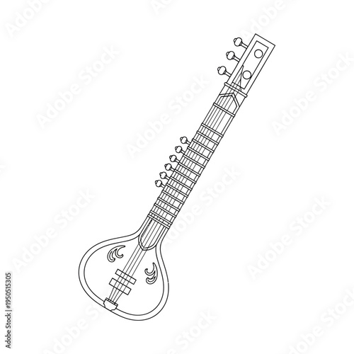 Hand drawn illustration of a traditional indian stringed instrument tanpura with intricate details on a white background showcasing cultural heritage and musical significance