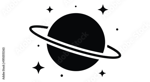 Simple black silhouette of saturn with rings and surrounding stars on white