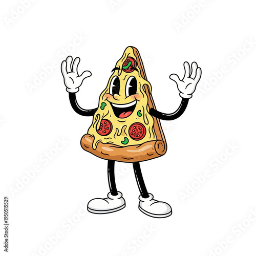 A vintage cartoon slice of pepperoni pizza with a smiling face and waving arms.