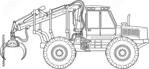 Forestry forwarder log loader vehicle, cad drawing flat vector illustration, flavector heavy wood harvesting machinery line art for industrial timber projects.