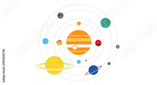 Colorful illustration depicting the planets orbiting the sun in a simplified solar system