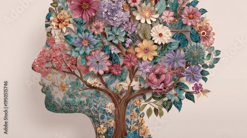 Human head silhouette filled with blooming tree and colorful flowers