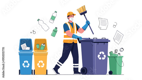 Eco-Friendly Endeavor: A dedicated sanitation worker, equipped with a broom, diligently tends to a series of vibrant recycling bins.