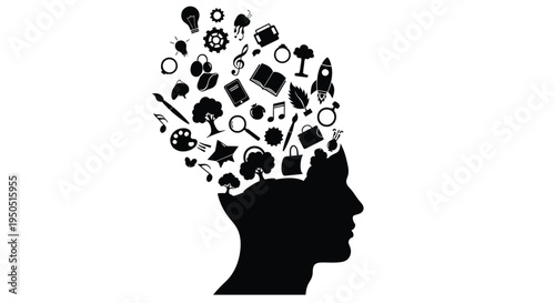 A silhouette of a human head filled with various icons representing thoughts and ideas