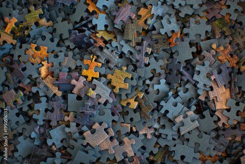 Colored puzzle pieces in a box for assembling a picture