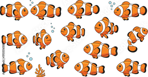 Cute orange clownfish vector character sheet featuring various swimming poses and bubbles isolated on white background for marine life ocean and aquarium themed graphic design.
