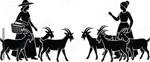 Women with goats silhouette, rural farming lifestyle illustration, traditional agriculture scene, pastoral countryside artwork, livestock herding concept, village culture