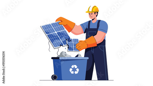 Solar Panel Recycling: An illustration of a worker recycling solar panel, symbolizing sustainability and responsible environmental practices. 
